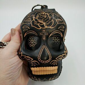 Sugar Skull Leather Wristlet Wallet Handmade Day of the Dead Coin Purse Keychain